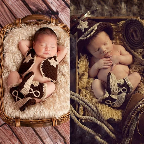 Newborn photography showcasing an adorable infant in a cowboy crochet outfit, capturing sweet moments.