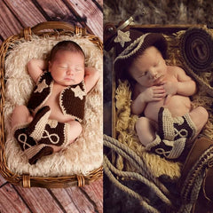 Newborn photography showcasing an adorable infant in a cowboy crochet outfit, capturing sweet moments.