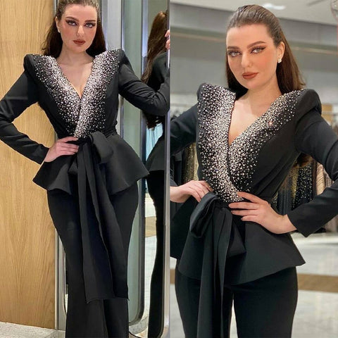Spring Black Fashion Women Pants Suits For Wedding Leisure Beading Mother of the Bride Suit Evening Party Tuxedos Formal Wear.