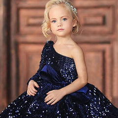 Elegant navy blue dress for girls, perfect for special occasions and formal events.