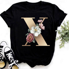 Custom Name Letter Combination Fashion Women T-shirt Flower.
