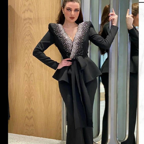 Spring Black Fashion Women Pants Suits For Wedding Leisure Beading Mother of the Bride Suit Evening Party Tuxedos Formal Wear.