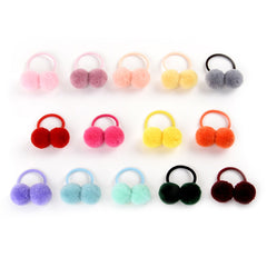 14pcs of 1.4" Small Solid Double Fur Ball With Elastic Rope Handmade Hair Band For Kids Girls.