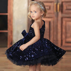 Elegant navy blue dress for girls, perfect for special occasions and formal events.