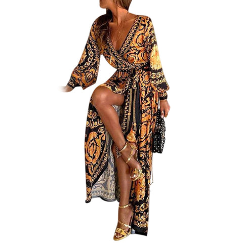 Womens Boho V-Neck Printed Sundress Long Maxi Dress for Summer.