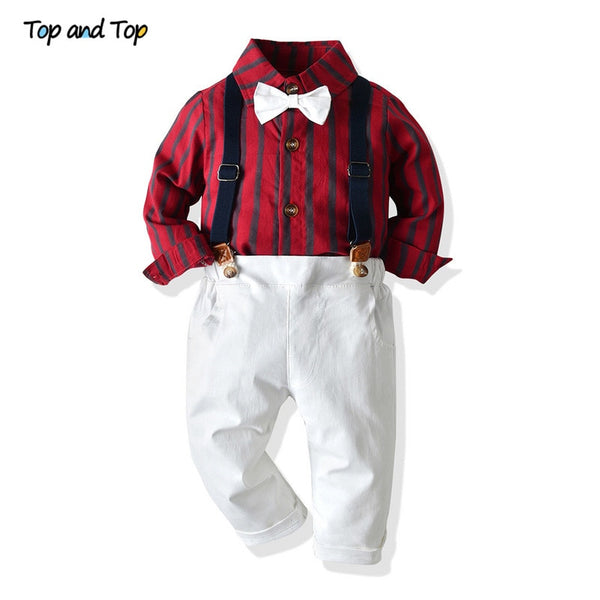 Top and Top Autumn Boys Clothing Set Long Sleeve Striped Bowtie Shirt Tops+Suspender Trousers Baby Kid Formal Gentleman Suit