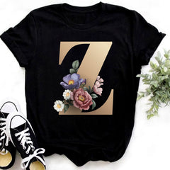 Custom Name Letter Combination Fashion Women T-shirt Flower.