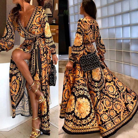 Womens Boho V-Neck Printed Sundress Long Maxi Dress for Summer.