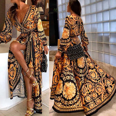 Womens Boho V-Neck Printed Sundress Long Maxi Dress for Summer.