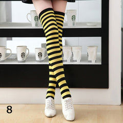 Women Long Striped Stockings Cotton Socks Thigh High Over Knee Slim Leg Stockings Student Girls Socks White Black Red Stockings