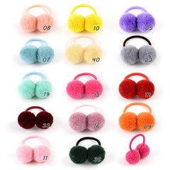 14pcs of 1.4" Small Solid Double Fur Ball With Elastic Rope Handmade Hair Band For Kids Girls.