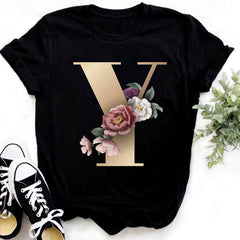Custom Name Letter Combination Fashion Women T-shirt Flower.