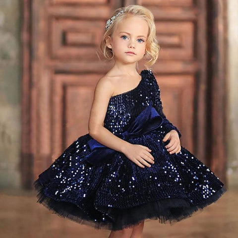 Elegant navy blue dress for girls, perfect for special occasions and formal events.