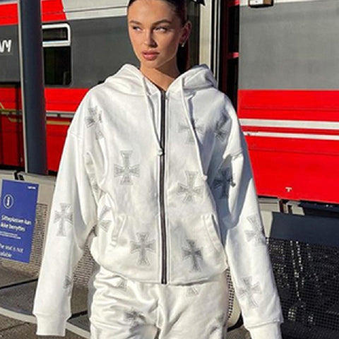 Stylish rhinestone joggers, perfect for casual outfits with a touch of glamour.