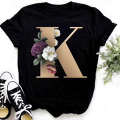 Custom Name Letter Combination Fashion Women T-shirt Flower.