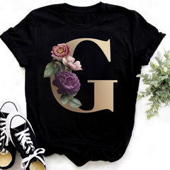 Custom Name Letter Combination Fashion Women T-shirt Flower.