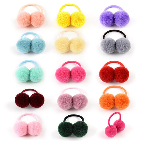 14pcs of 1.4" Small Solid Double Fur Ball With Elastic Rope Handmade Hair Band For Kids Girls.
