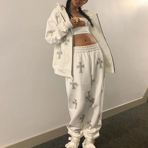 Stylish rhinestone joggers, perfect for casual outfits with a touch of glamour.
