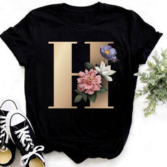 Custom Name Letter Combination Fashion Women T-shirt Flower.