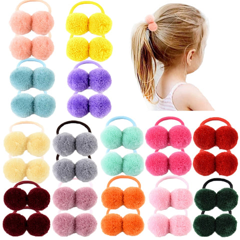 14pcs of 1.4" Small Solid Double Fur Ball With Elastic Rope Handmade Hair Band For Kids Girls.