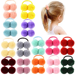 14pcs of 1.4" Small Solid Double Fur Ball With Elastic Rope Handmade Hair Band For Kids Girls.