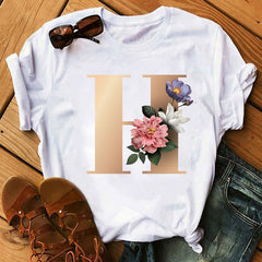 Custom Name Letter Combination Fashion Women T-shirt Flower.