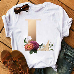 Custom Name Letter Combination Fashion Women T-shirt Flower.