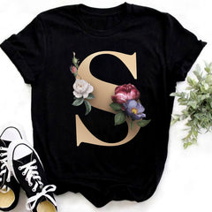 Custom Name Letter Combination Fashion Women T-shirt Flower.