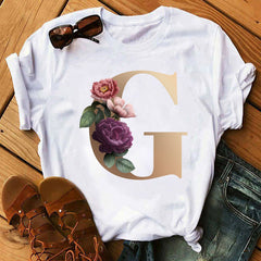Custom Name Letter Combination Fashion Women T-shirt Flower.
