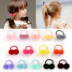 14pcs of 1.4" Small Solid Double Fur Ball With Elastic Rope Handmade Hair Band For Kids Girls.