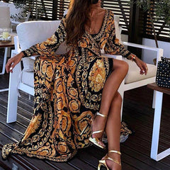 Womens Boho V-Neck Printed Sundress Long Maxi Dress for Summer.