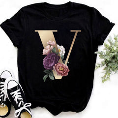 Custom Name Letter Combination Fashion Women T-shirt Flower.