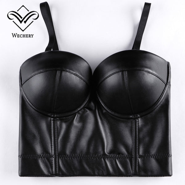 Wechery Crop Top Women Gothic Leather Camis Slim Fit Tops Sleeveless Straps Tank Top for Laides Black Red Women Clothes