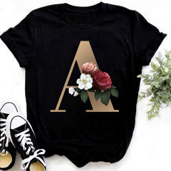 Custom Name Letter Combination Fashion Women T-shirt Flower.