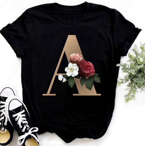 Custom Name Letter Combination Fashion Women T-shirt Flower.