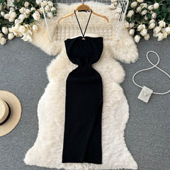Halter Crochet Bodycon Dress Cut Out Sexy Split Dresses Off Shoulder Backless.