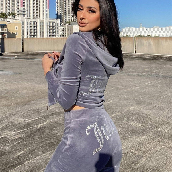 Velevt Two Piece Set Diamonds Hoodie Crop Jacket  And Joggers Pants Outfits Streetwear Y2K Jogging Suits Juicy Corture Tracksuit