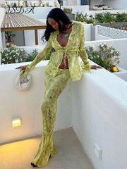 FSDA Print Mesh Long Sleeve Top Shirts Green And Maxi.