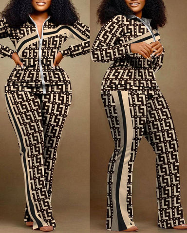Winter Fashion Print Two Piece Set Women Casual Sports Style Zipper Top.