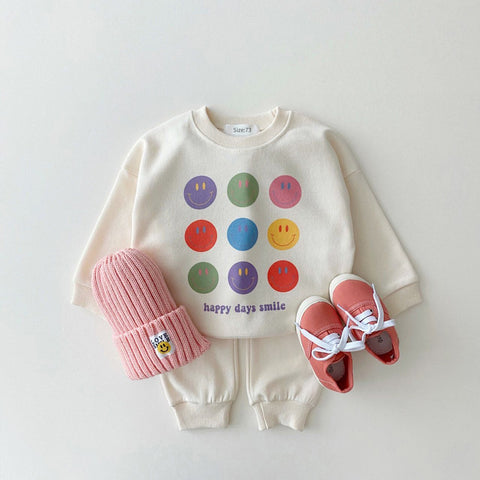 Smile Face Sweatshirt Tops+Jogger Pants Set Casual.