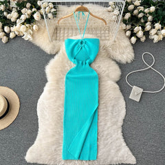 Halter Crochet Bodycon Dress Cut Out Sexy Split Dresses Off Shoulder Backless.