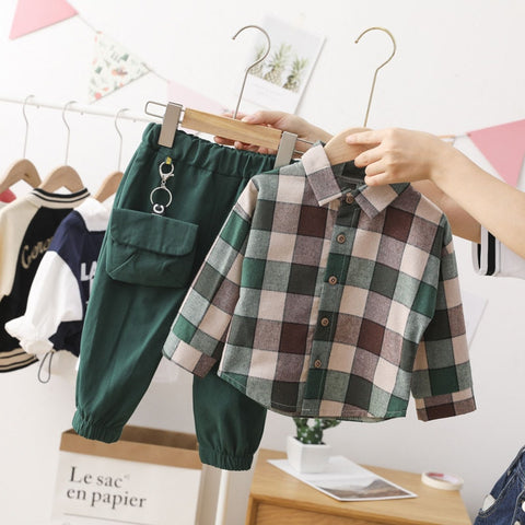 Children Clothing Sets Plaid Shirt + Pants for Baby Boys.