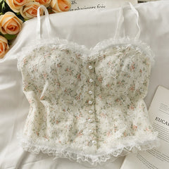 Summer French Print Lace Cami Crop Tank.