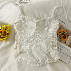 Summer French Print Lace Cami Crop Tank.