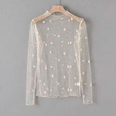 T Shirt Lace Flower under Shirt Long sleeve transparent Tshirt Sexy Black Lace See through.