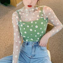 T Shirt Lace Flower under Shirt Long sleeve transparent Tshirt Sexy Black Lace See through.