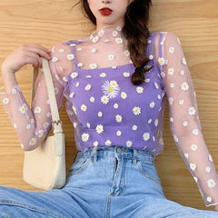 T Shirt Lace Flower under Shirt Long sleeve transparent Tshirt Sexy Black Lace See through.