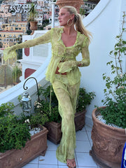 FSDA Print Mesh Long Sleeve Top Shirts Green And Maxi.