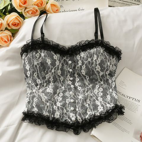 Summer French Print Lace Cami Crop Tank.