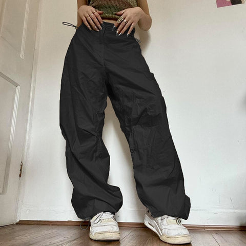 Women Solid Joggers Tech Pants Autumn Low Waist Punk Hip Hop Baggy Trousers Streetwear Casual Drawstring Wide Leg Cargo Pants.